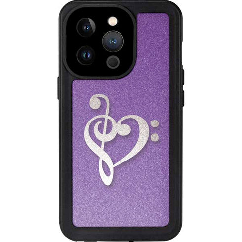Purple Glitter Musical Heart iPhone 15 Pro Waterproof Case