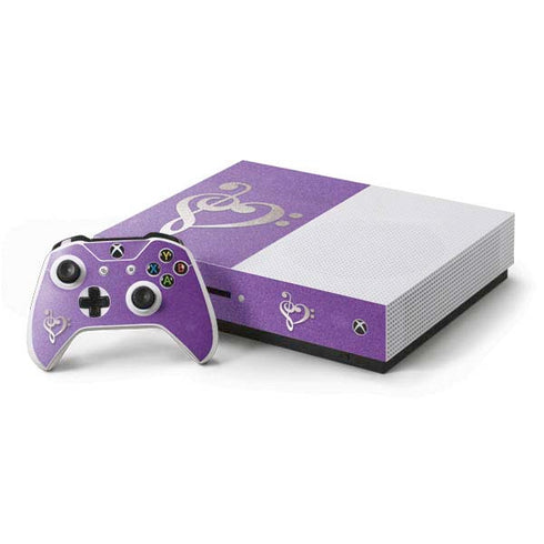 Purple Glitter Musical Heart Xbox One S Console and Controller Bundle Skin