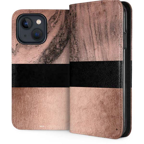 Rose Gold and Black Marble iPhone 14 Folio Case