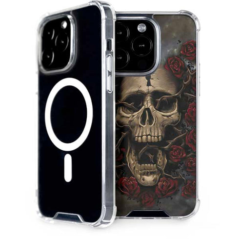 Liquid Blue Skull Entwined with Roses iPhone 15 Pro MagSafe Case