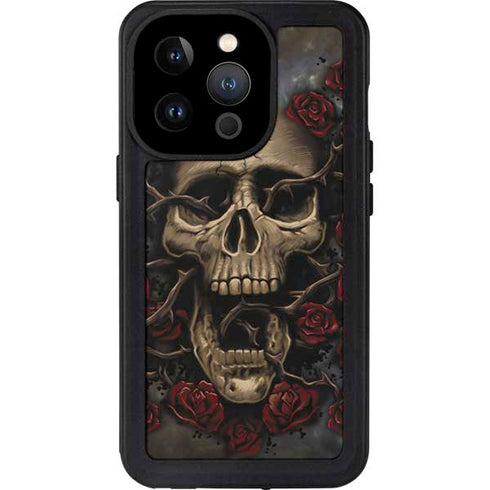 Liquid Blue Skull Entwined with Roses iPhone 14 Pro Waterproof Case