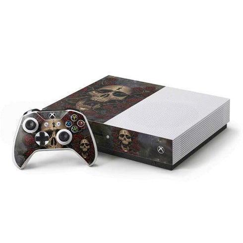 Liquid Blue Skull Entwined with Roses Xbox One S Console and Controller Bundle Skin