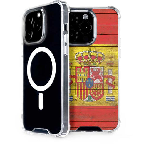 Spain Flag Dark Wood iPhone 14 Pro MagSafe Case