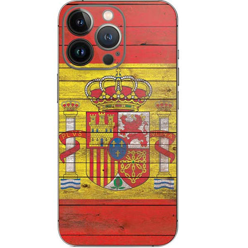 Spain Flag Dark Wood iPhone 14 Pro Skin