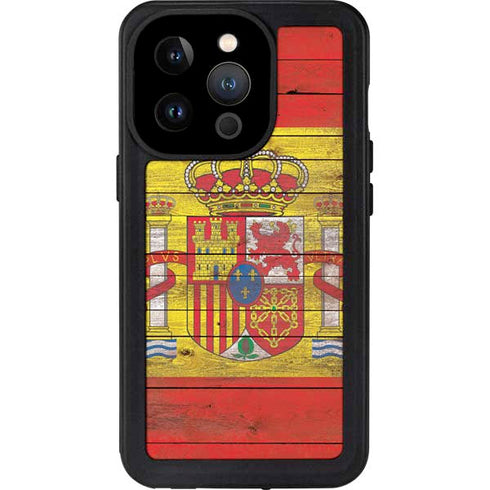 Spain Flag Dark Wood iPhone 14 Pro Waterproof Case