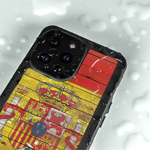 Spain Flag Dark Wood iPhone 14 Pro Waterproof Case