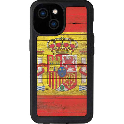 Spain Flag Dark Wood iPhone 15 Waterproof Case