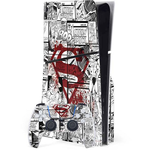 DC Comics Superman Comic Pattern Logo in Red PS5 Slim Disk Bundle Skin