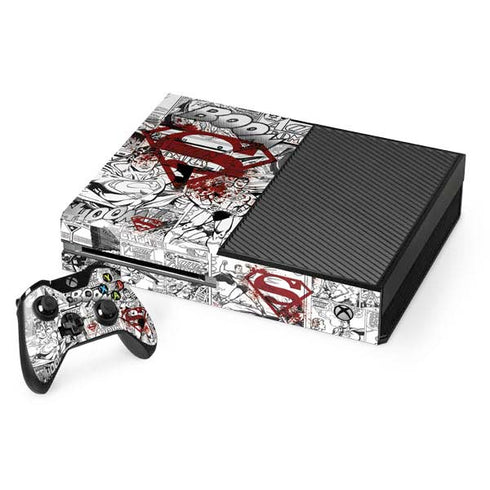 DC Comics Superman Comic Pattern Logo in Red Xbox One Console and Controller Bundle Skin