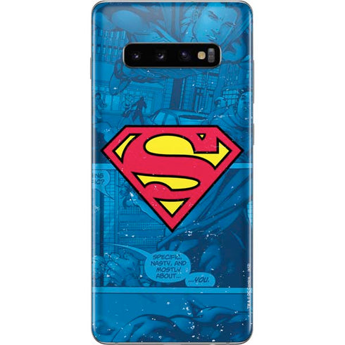DC Comics Superman Logo Background Pattern Galaxy S10 Plus Skin