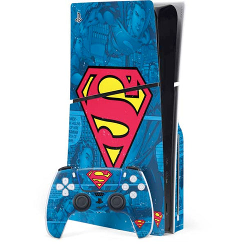 DC Comics Superman Logo Background Pattern PS5 Slim Disk Bundle Skin