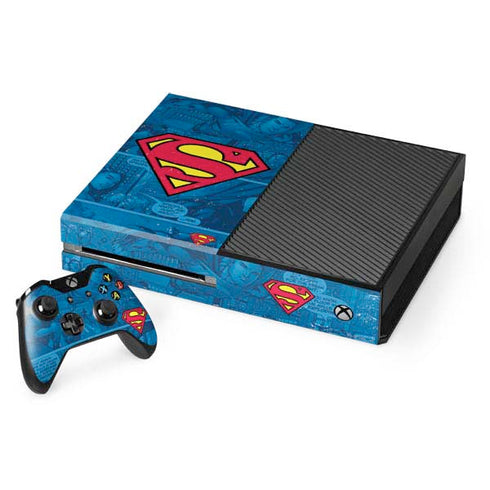 DC Comics Superman Logo Background Pattern Xbox One Console and Controller Bundle Skin