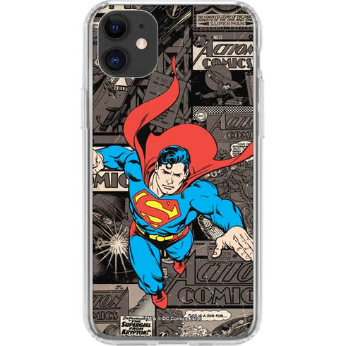 DC Comics Superman Vintage Action pose pattern iPhone 11 Clear Case