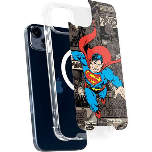 DC Comics Superman Vintage Action pose pattern iPhone 15 Plus MagSafe Case