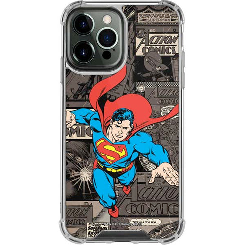 DC Comics Superman Vintage Action pose pattern iPhone 15 Pro Max Clear Case