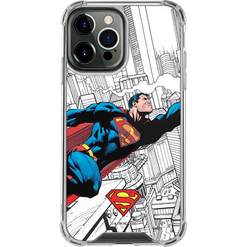 DC Comics Superman Super Speed Flying Over City iPhone 15 Pro Max Clear Case
