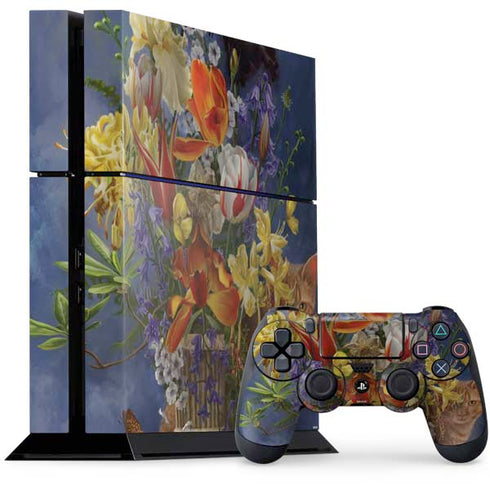 Tabby Cat with Flowers by Nene Thomas PS4 Console and Controller Bundle Skin
