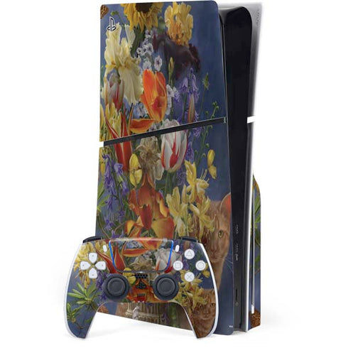 Tabby Cat with Flowers by Nene Thomas PS5 Slim Disk Bundle Skin