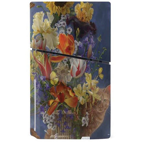 Tabby Cat with Flowers by Nene Thomas PS5 Slim Disk Console Skin