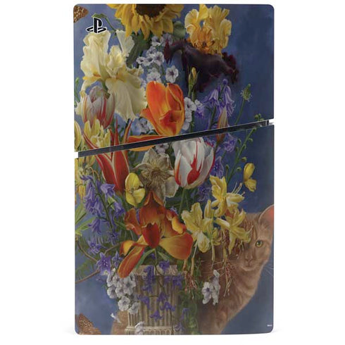 Tabby Cat with Flowers by Nene Thomas PS5 Slim Digital Edition Bundle Skin