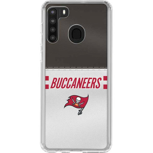 NFL Tampa Bay Buccaneers White Striped Galaxy A21 Clear Case
