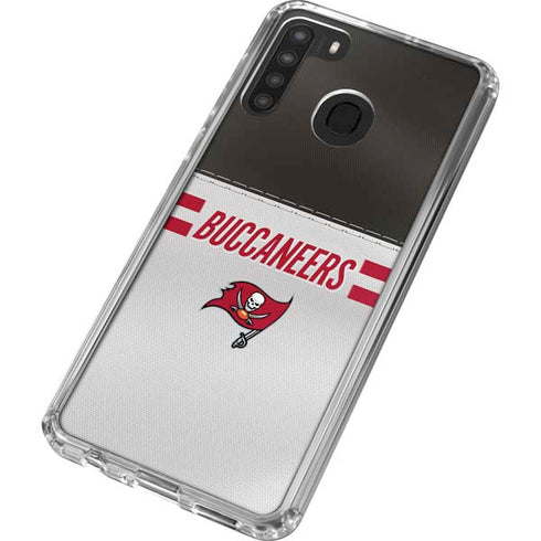 NFL Tampa Bay Buccaneers White Striped Galaxy A21 Clear Case