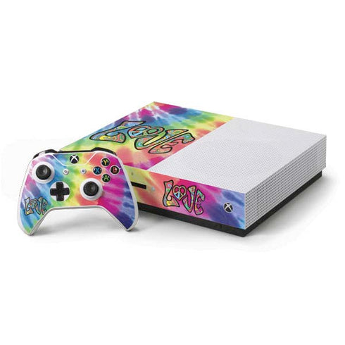 Liquid Blue Tie Dye Peace & Love Xbox One S Console and Controller Bundle Skin