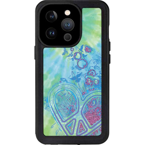 Liquid Blue Tie Dye Peace Heart iPhone 15 Pro Waterproof Case