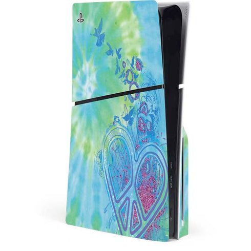 Liquid Blue Tie Dye Peace Heart PS5 Slim Disk Console Skin