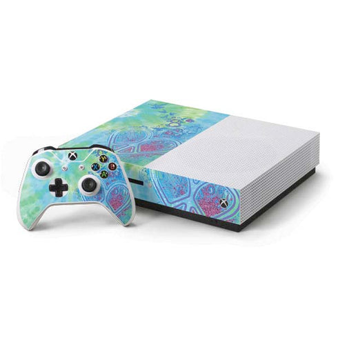 Liquid Blue Tie Dye Peace Heart Xbox One S Console and Controller Bundle Skin