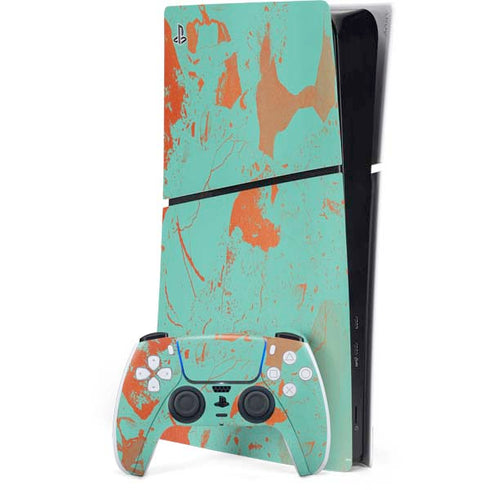 Turquoise and Orange Marble PS5 Slim Digital Edition Bundle Skin