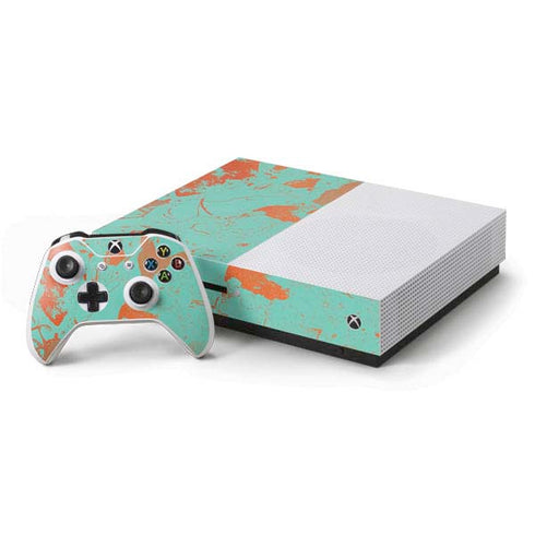 Turquoise and Orange Marble Xbox One S Console and Controller Bundle Skin