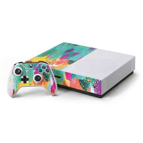 Etta Vee Turquoise Brush Stroke Xbox One S Console and Controller Bundle Skin