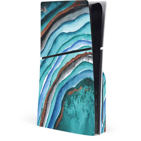 Turquoise Watercolor Geode PS5 Slim Disk Console Skin