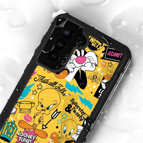 Looney Tunes Tweety and Sylvester Patches Galaxy S23 Plus Waterproof Case