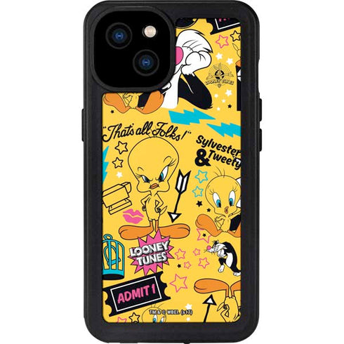 Looney Tunes Tweety and Sylvester Patches iPhone 15 Plus Waterproof Case