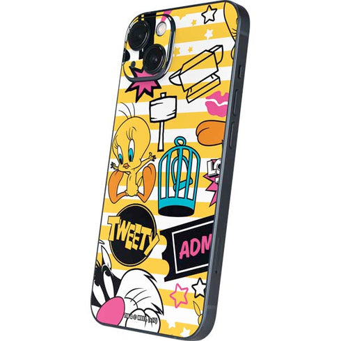 Looney Tunes Tweety and Sylvester Striped Patches iPhone 15 Plus Skin