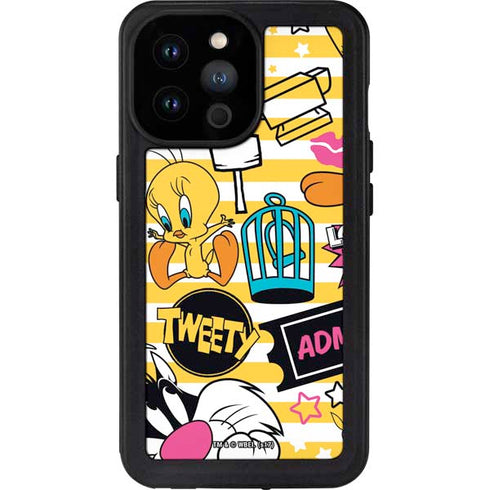 Looney Tunes Tweety and Sylvester Striped Patches iPhone 14 Pro Max Waterproof Case