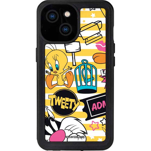 Looney Tunes Tweety and Sylvester Striped Patches iPhone 15 Waterproof Case