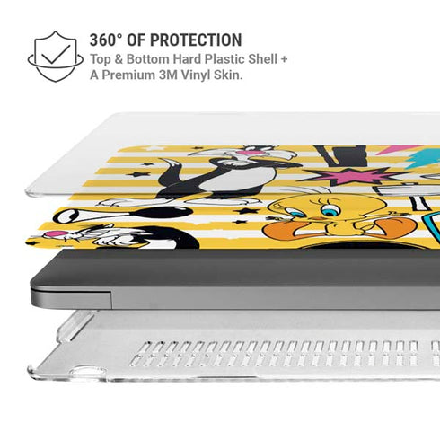 Looney Tunes Tweety and Sylvester Striped Patches MacBook Pro 16in (2021-25) Case plus Skin