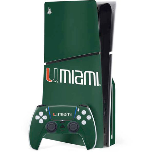 University of Miami Horizontal Mark on Green PS5 Slim Disk Bundle Skin