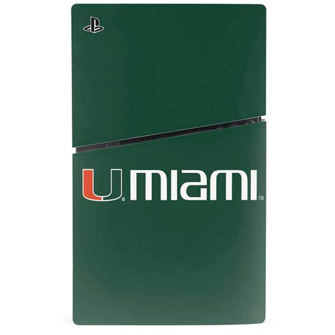 University of Miami Horizontal Mark on Green PS5 Slim Disk Bundle Skin