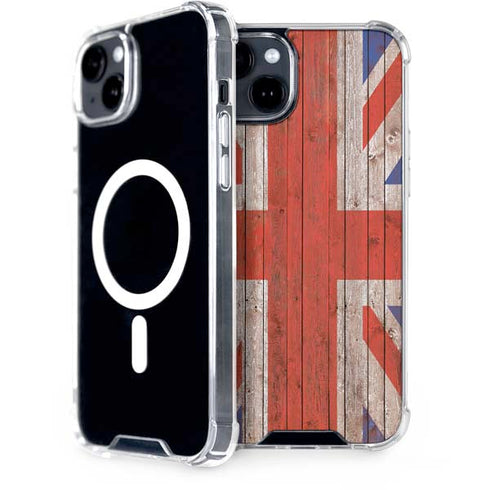 United Kingdom Flag Dark Wood iPhone 15 Plus MagSafe Case