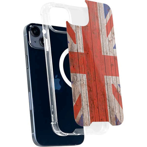 United Kingdom Flag Dark Wood iPhone 15 Plus MagSafe Case