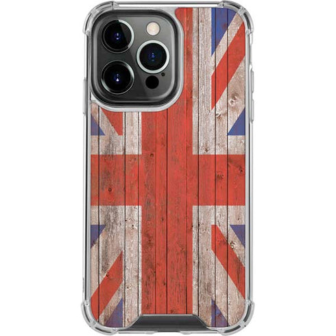 United Kingdom Flag Dark Wood iPhone 14 Pro Clear Case