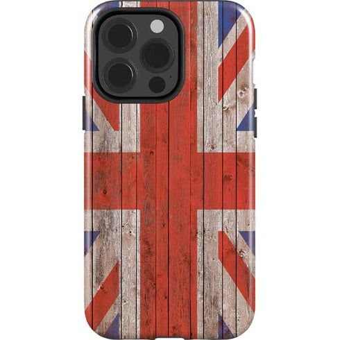United Kingdom Flag Dark Wood iPhone 15 Pro Impact Case