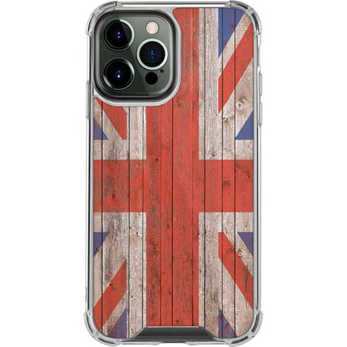 United Kingdom Flag Dark Wood iPhone 14 Pro Max Clear Case