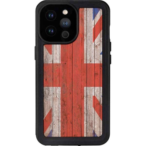 United Kingdom Flag Dark Wood iPhone 14 Pro Max Waterproof Case