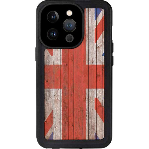 United Kingdom Flag Dark Wood iPhone 14 Pro Waterproof Case