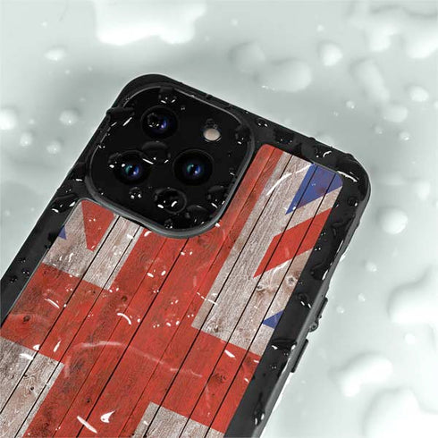 United Kingdom Flag Dark Wood iPhone 14 Pro Waterproof Case